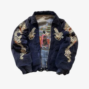 Veste Souvenir Japonaise Vintage "Sukajan" en Velours Bleu – Broderies Dragons et Aigle – Pièce de Collection