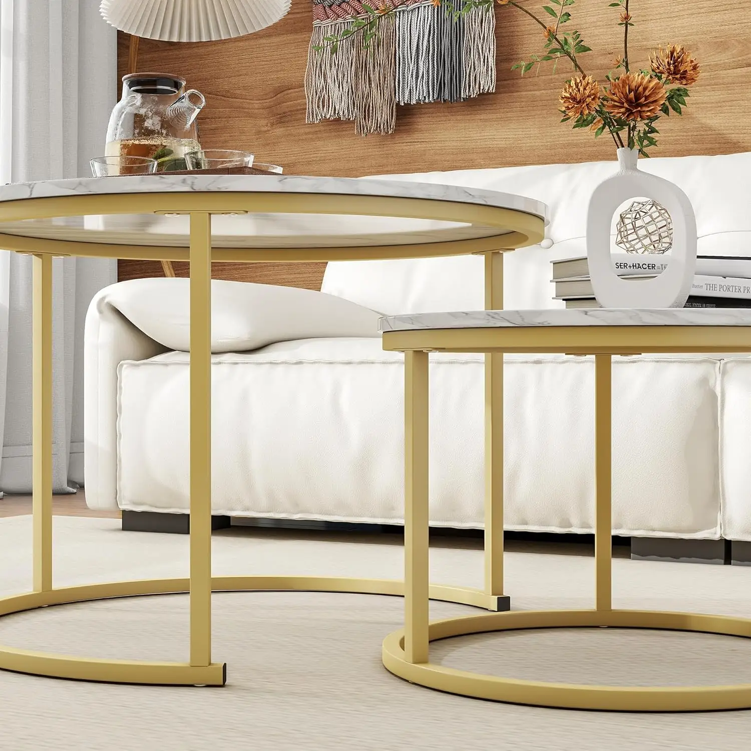 Lot de 2 Tables Basses Gigognes Design – Effet Marbre Blanc et Métal Doré – Image 4