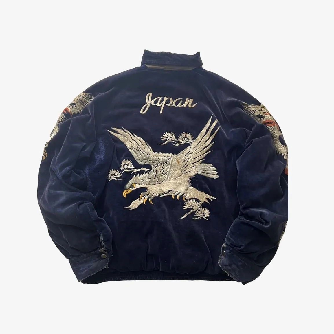 Veste Souvenir Japonaise Vintage "Sukajan" en Velours Bleu – Broderies Dragons et Aigle – Pièce de Collection – Image 2