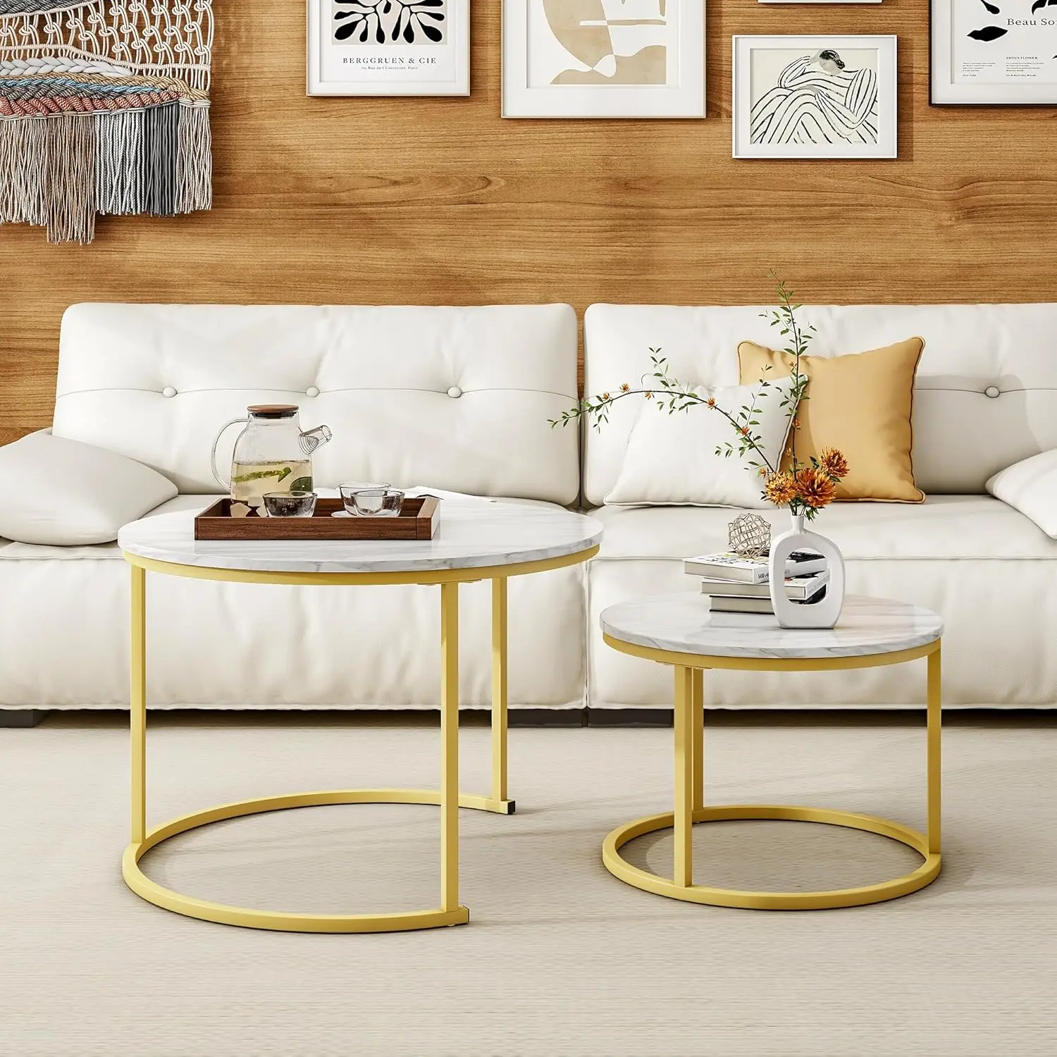 Lot de 2 Tables Basses Gigognes Design – Effet Marbre Blanc et Métal Doré – Image 5