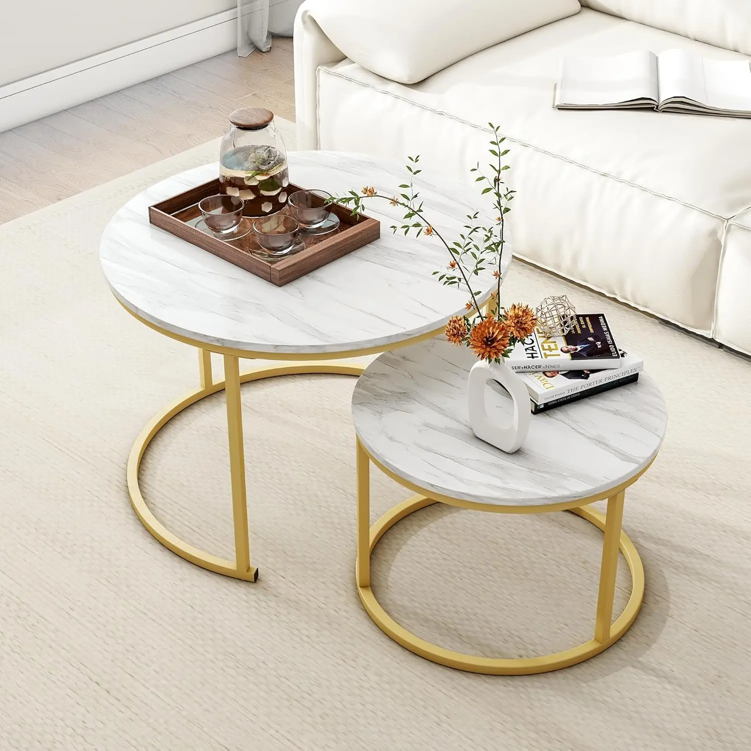 Lot de 2 Tables Basses Gigognes Design – Effet Marbre Blanc et Métal Doré – Image 6