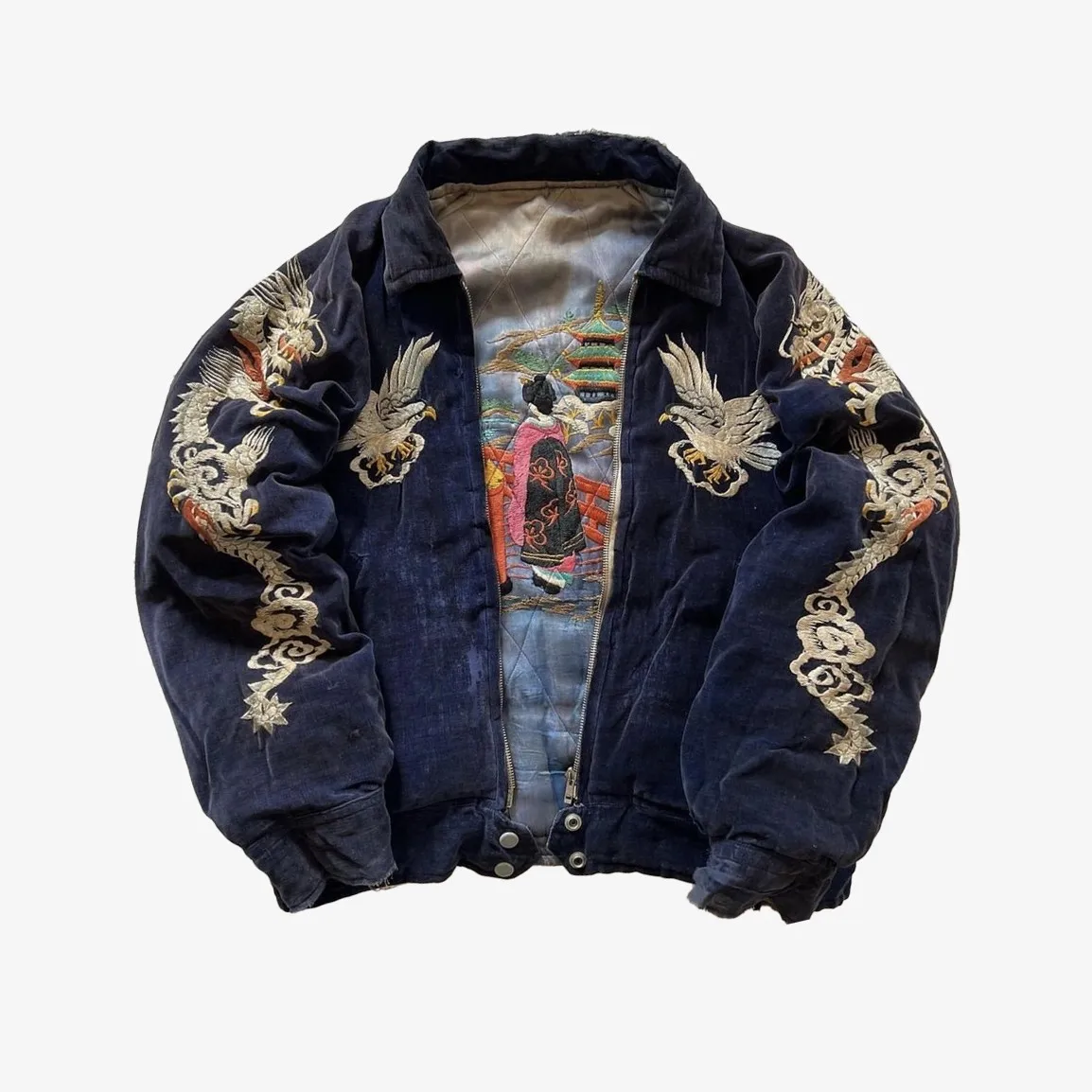 Veste Souvenir Japonaise Vintage "Sukajan" en Velours Bleu – Broderies Dragons et Aigle – Pièce de Collection
