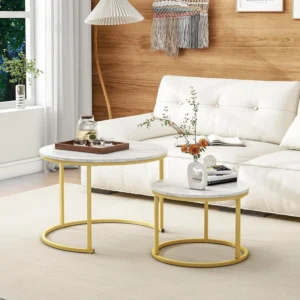 Lot de 2 Tables Basses Gigognes Design – Effet Marbre Blanc et Métal Doré