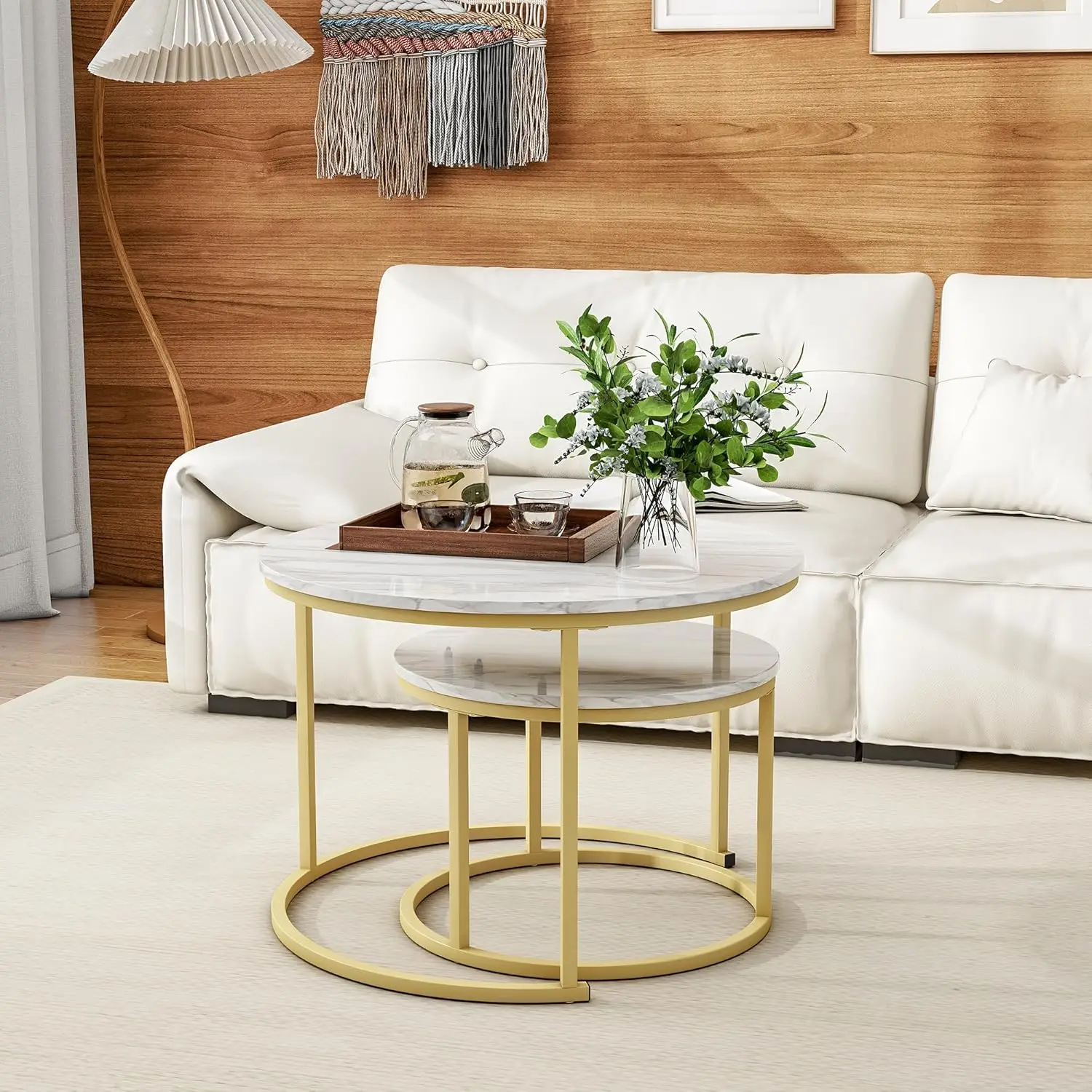 Lot de 2 Tables Basses Gigognes Design – Effet Marbre Blanc et Métal Doré – Image 3